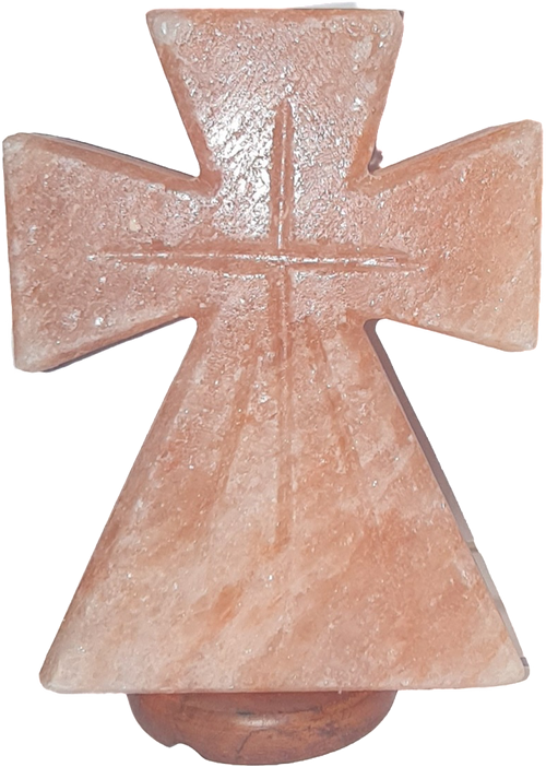 Lampa krzyż z soli himalajskiej z podstawą z drewna
