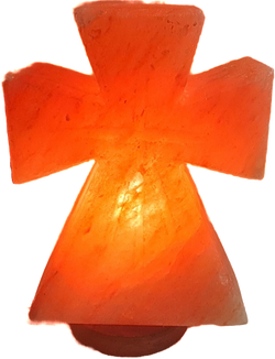 Lampa krzyż z soli himalajskiej z podstawą z drewna