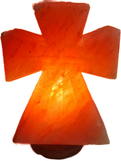 Lampa krzyż z soli himalajskiej z podstawą z drewna